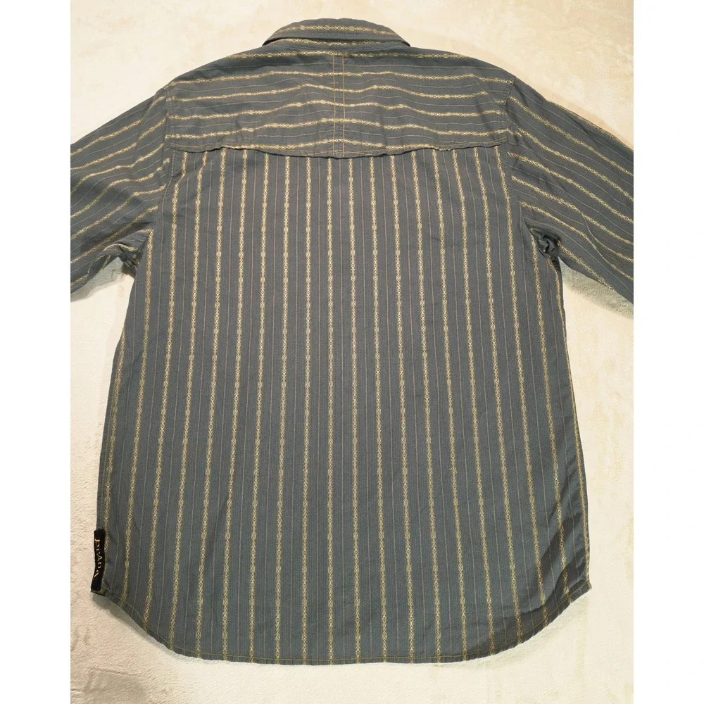 prAna Button Up‎ Shirt Men's Large Gray Gold Striped Organic Cotton Long Sleeve